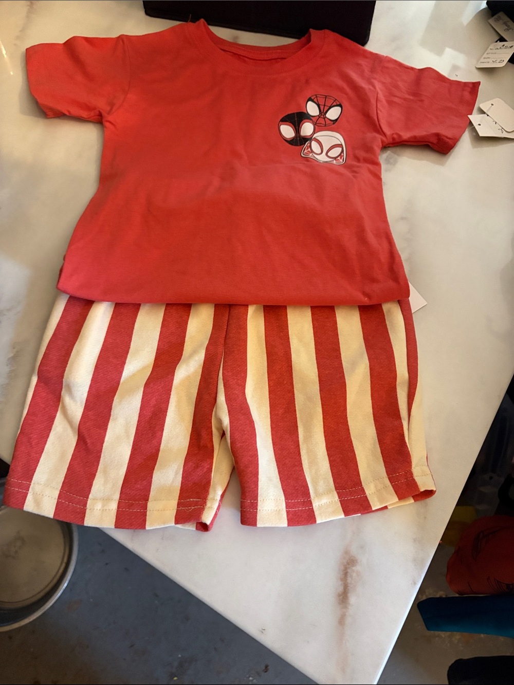 Spiderman Red Tee with Cream & Red Striped Shorts Kids Matching Set